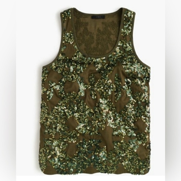 NWT J. Crew Cotton, Olive Green, Iridescent Sequin Tank Top, Scoop Neck, Size 00 - Picture 1 of 14
